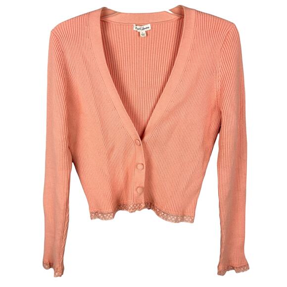 For Love and Lemons Peach Ribbed Long Sleeve V Neck Button Front Cardigan L - Picture 2 of 7